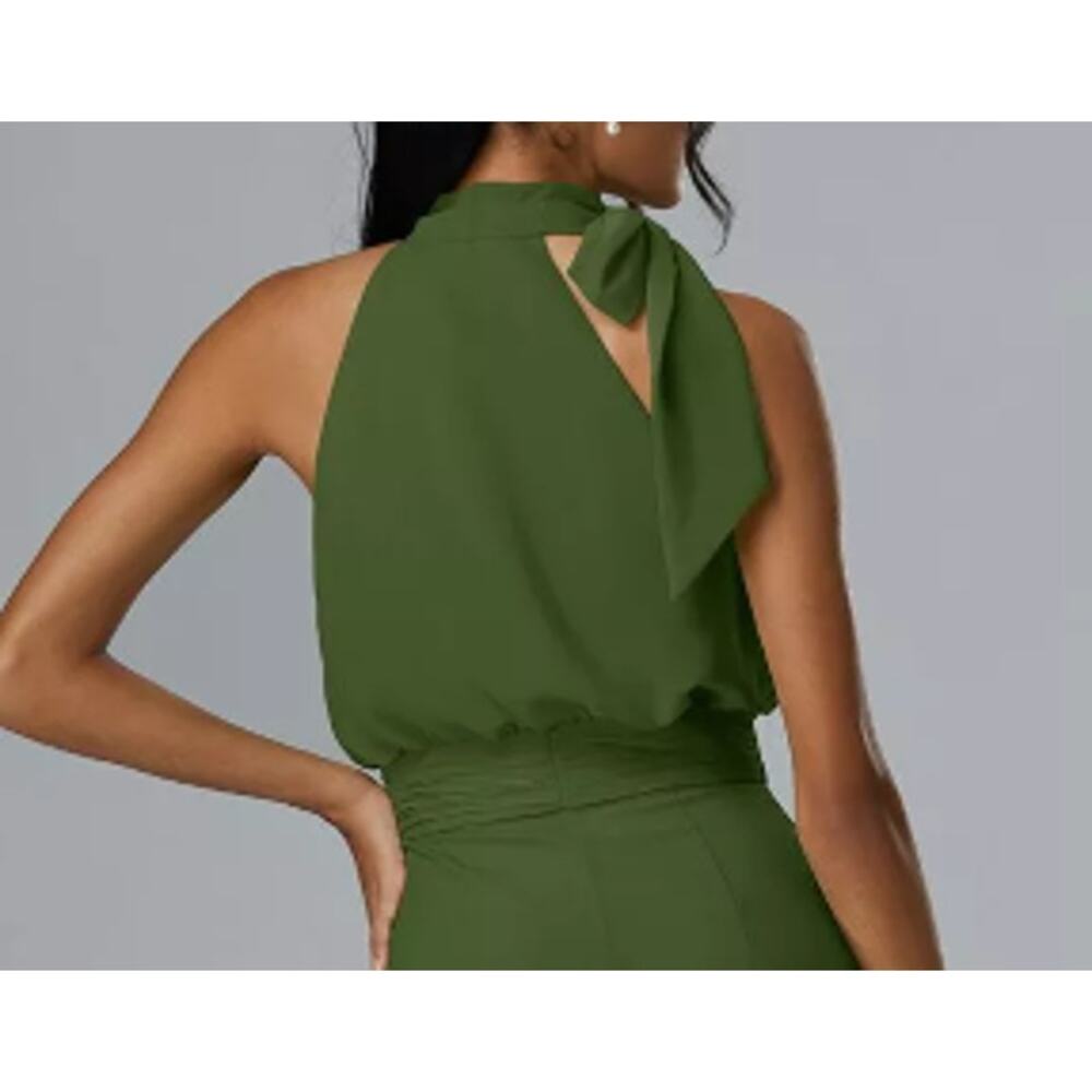Women's Olive Halter Wide-Leg Jumpsuit - Picture 4 of 5